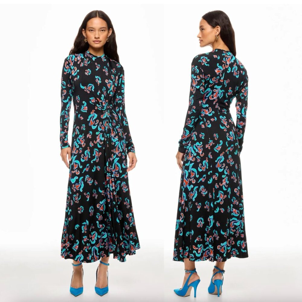 Rabanne Paisley Print Maxi Dress Blue & Black Long Sleeve Turtleneck 36 / 2 / XS